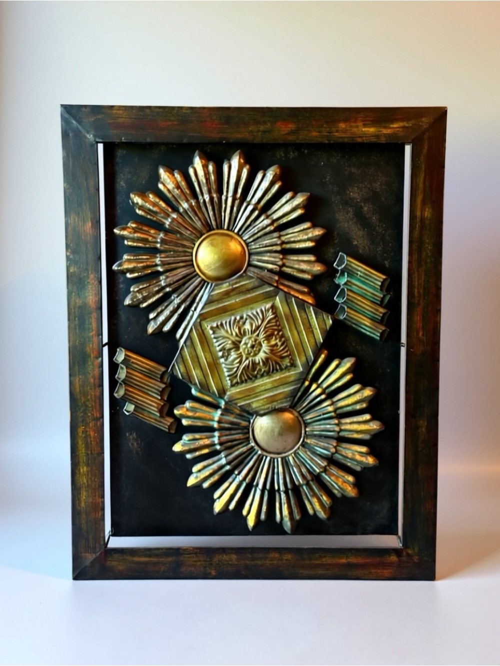 Framed Mixed Metal Sunburst Wall Sculpture - 23" x 30.5"
